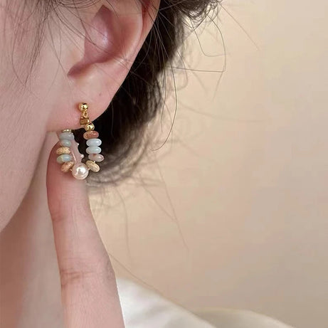 Natural Stone & Pearl Beaded Drop Earrings, Vacation Boho Summer Jewelry