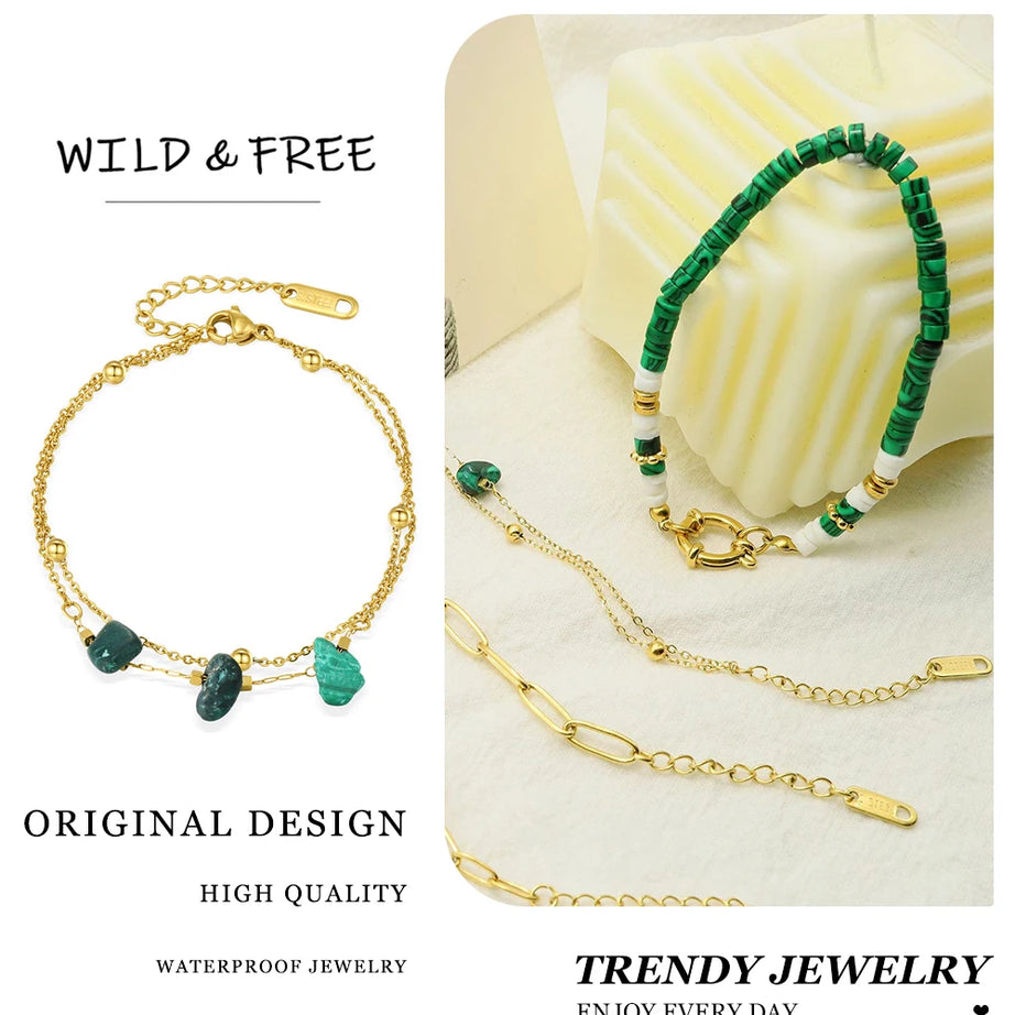 WILD & FREE Boho Vintage Green Natural Stone Bracelets for Women Stainless Steel Trendy Charms Aesthetic Jewelry Set - Charlie Dolly