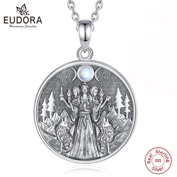 Eudora 925 Sterling Silver Hecate Dog Necklace Triple Moon Goddess Amulet Pendant Moonstone Triple Goddess Jewelry Women Gift