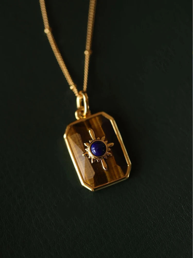 Creative Design Retro Tiger Eye Stone Necklace for Women  Unique Simplicity Light Luxury lapis lazuli Blue Collar Chain Jewelry