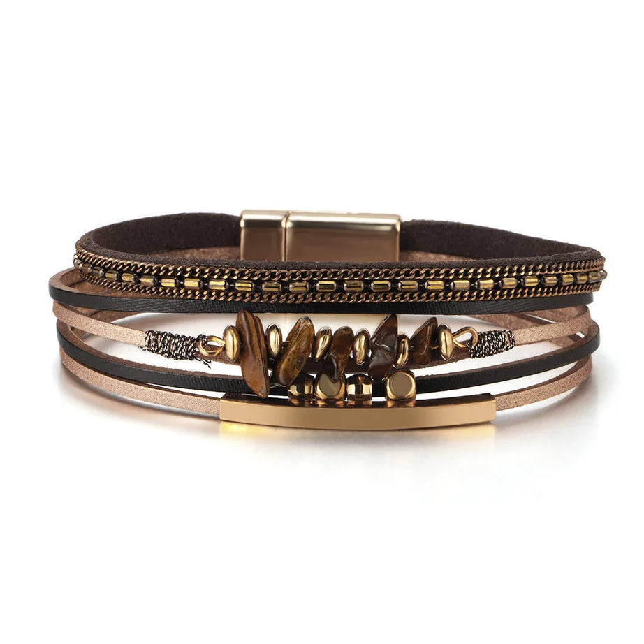 Layered Leather Stone Cuff Bracelet