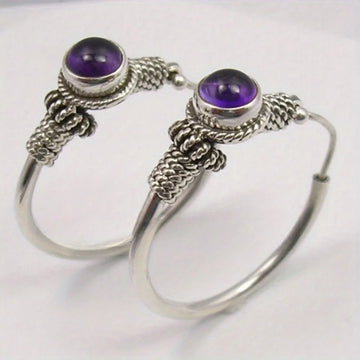 Bohemian Style Vintage Inlaid Synthetic Amethyst Silvery Plated Hoop Earrings for Women Fashion Banquet Jewelry Accessories Gift