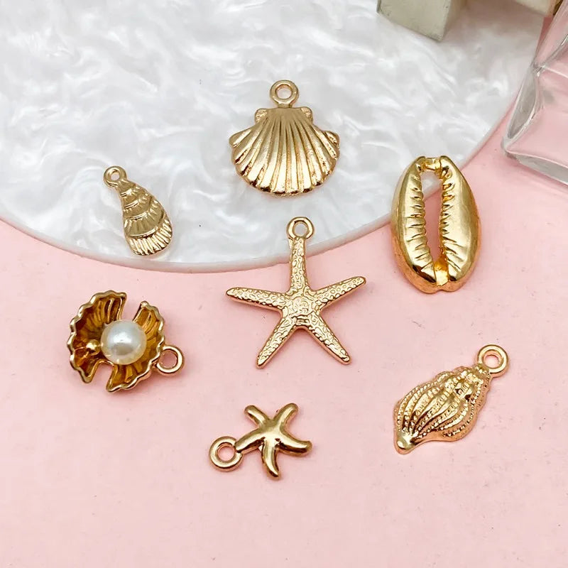 New 16pcs Gold Color Ocean Shell Conch Starfish Charms for Jewelry Making Necklace Key Chain Phone Chain DIY Materials Colorfast