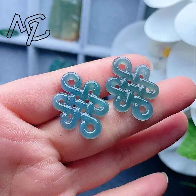 High2PC Natural Ice Blue Water Jade Chinese Knot Pendant Bead DIY Earrings Charm Jewellery Fashion Accessories Amulet Gift Women