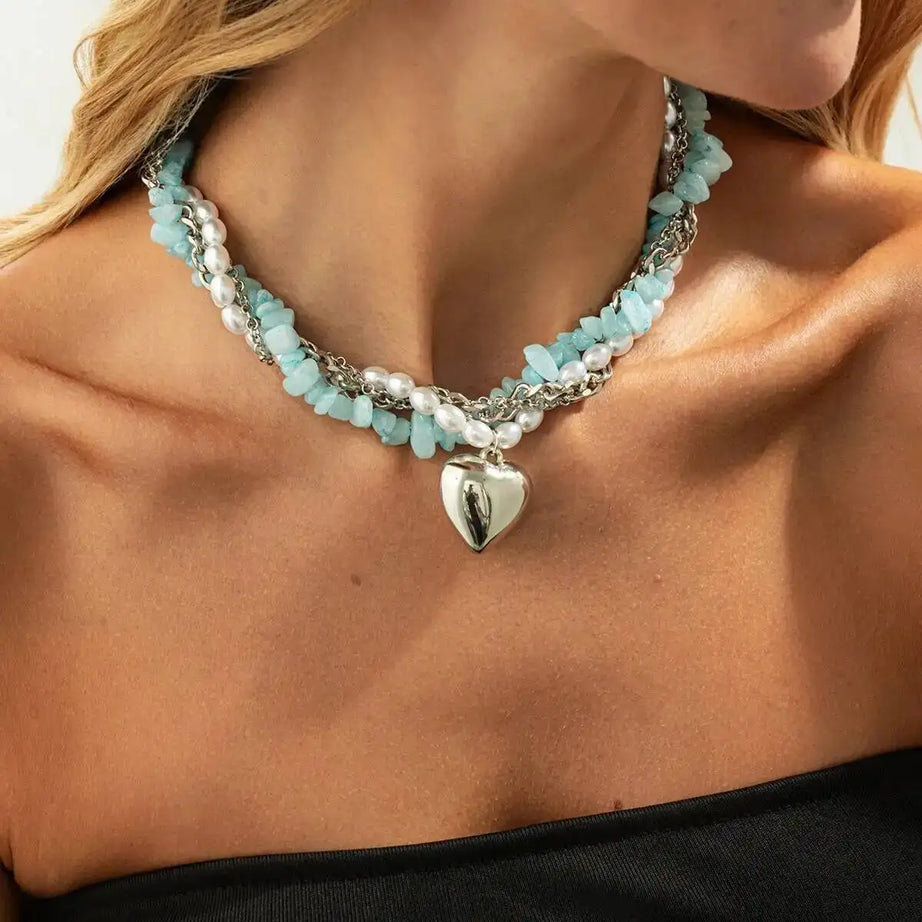KunJoe Boho Style Natural Stone Imitation Pearl Chokers Necklace Women Vintage Love Heart Pendant Necklace Bride Wedding Jewelry - Charlie Dolly