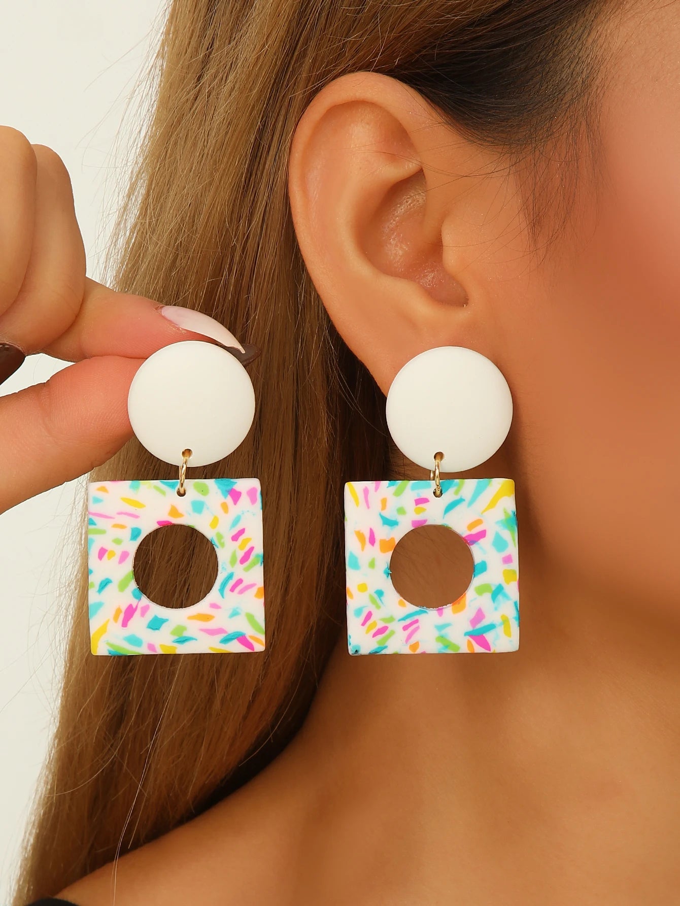 Boho Dangle Earrings Lightweight Polymer Clay Women's Black White Stripe round Confetti Donut Square Rainbow Wave Yellow