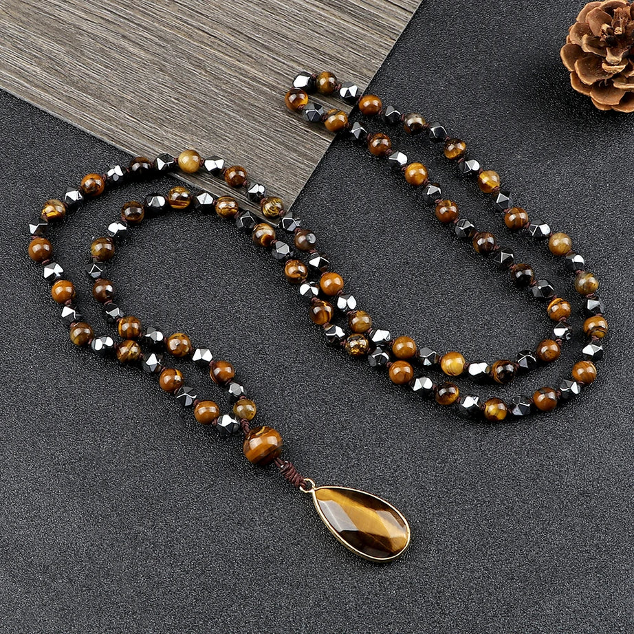 Hematite Tiger Eye 108 Bead Long Necklace Jewelry