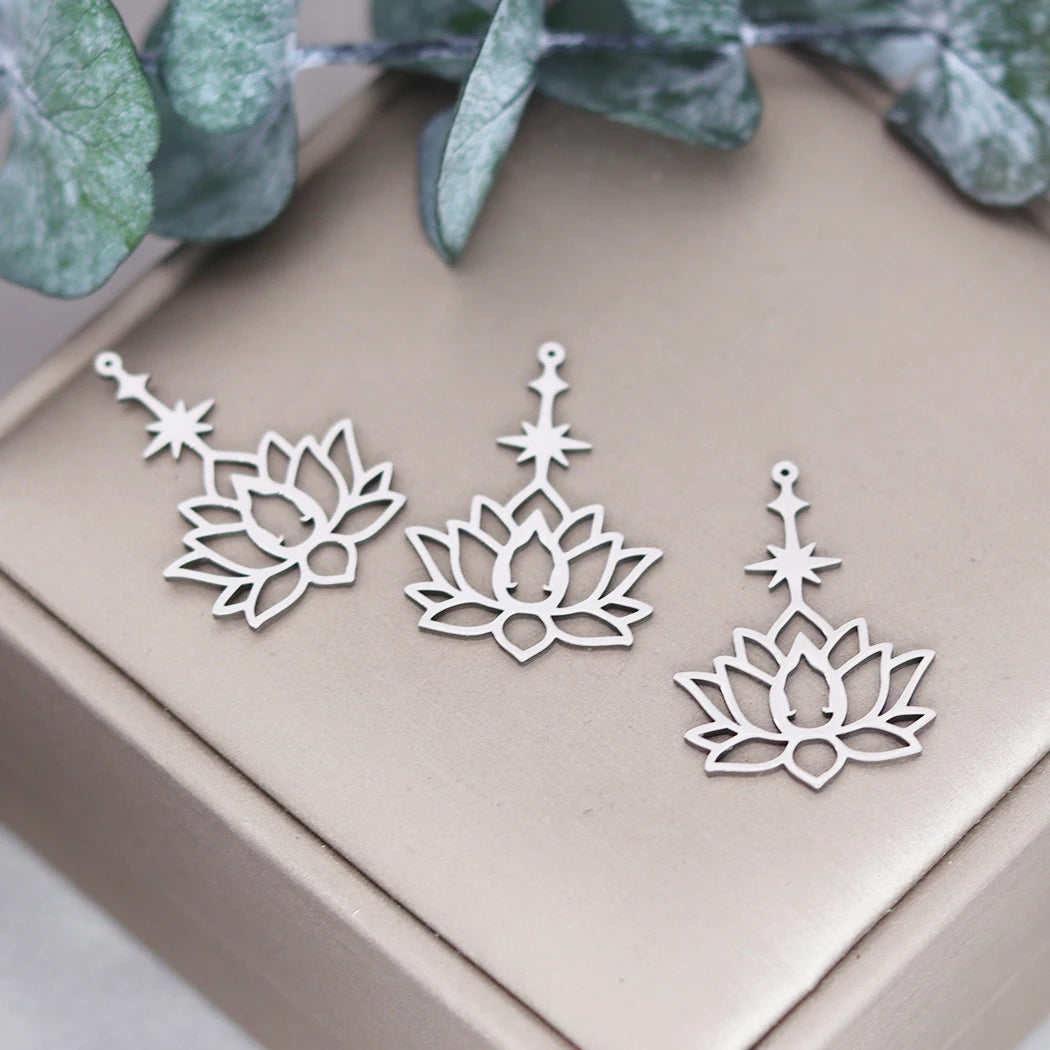 3pcs Exquiaite Amulet Moon Lotus Flower Charms DIY Craft Earrings Necklace Jewelry Making Yogo Buddhism Stainless Steel Pendant