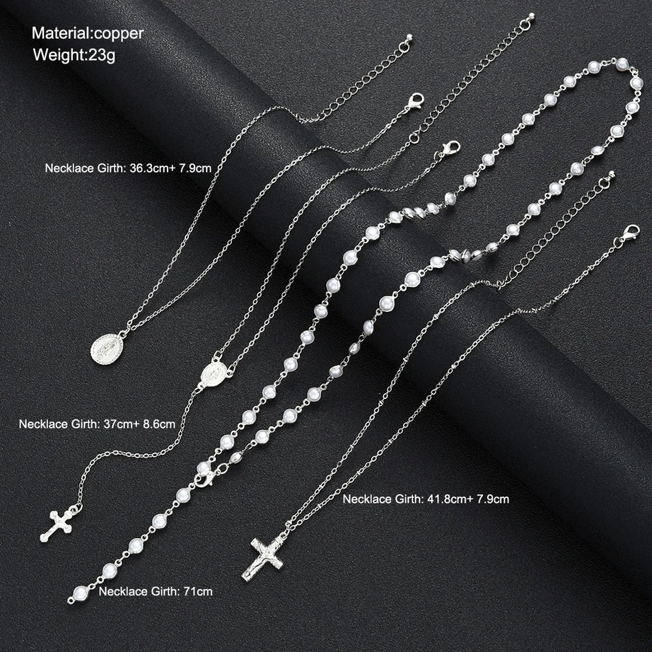 Silver Pearl Cross Pendant Layered Necklace Set Jewelry