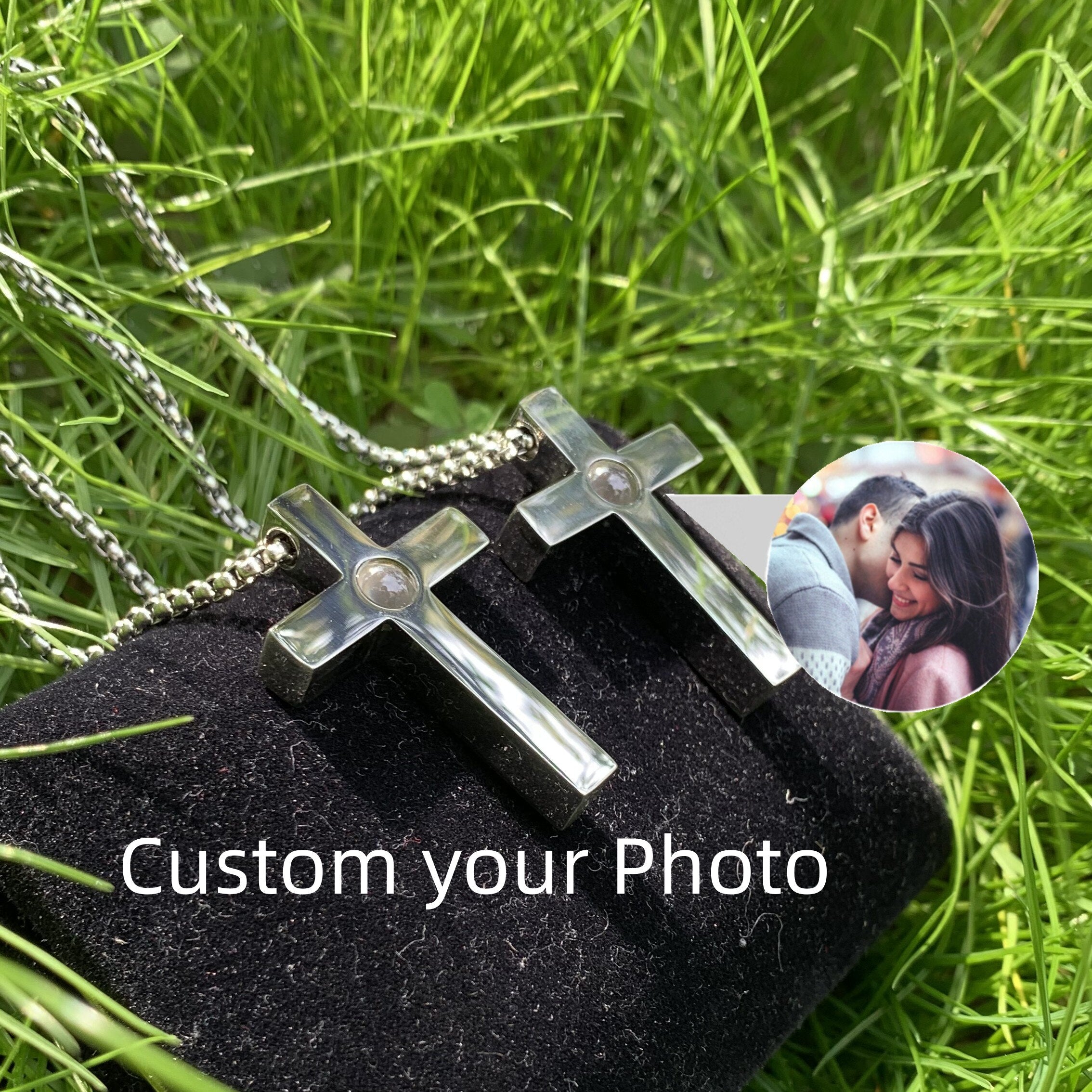Stainless Cross Photo Custom Projection Necklace with Your Picture Family Memory Pet Projection Pendant Valentine's Day Gift - Charlie Dolly