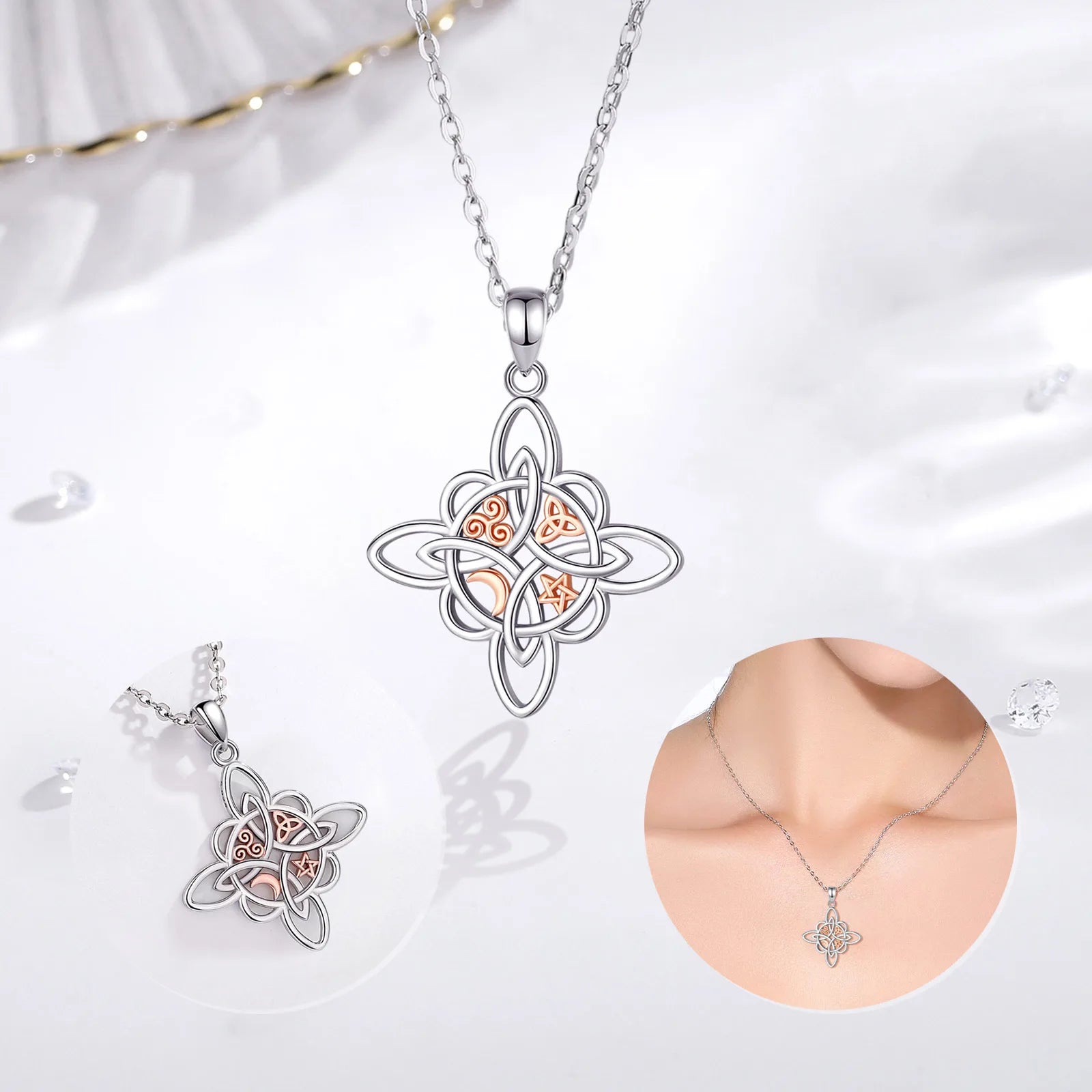 Eudora 925 Sterling Silver Witch Knot Necklace Witchcraft Celtic Knot Star Moon Geometric Pendant Men Women Jewelry Party Gifts