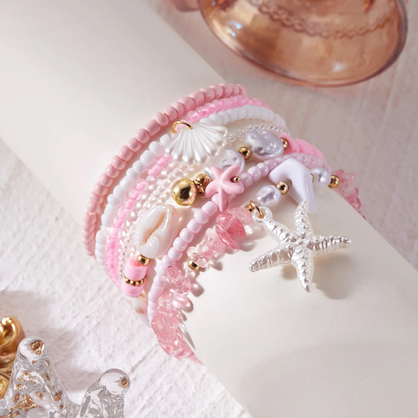 Pink Pearl and Shell Stackable Bracelet Set (5 Pieces)