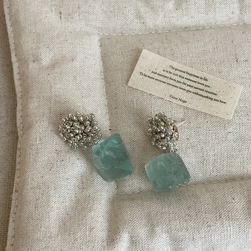 Minar Handmade Irregular Green Natural Stone Metal Beads Strand Hanging Dangle Earrings for Women Mujer Party Holiday Jewelry
