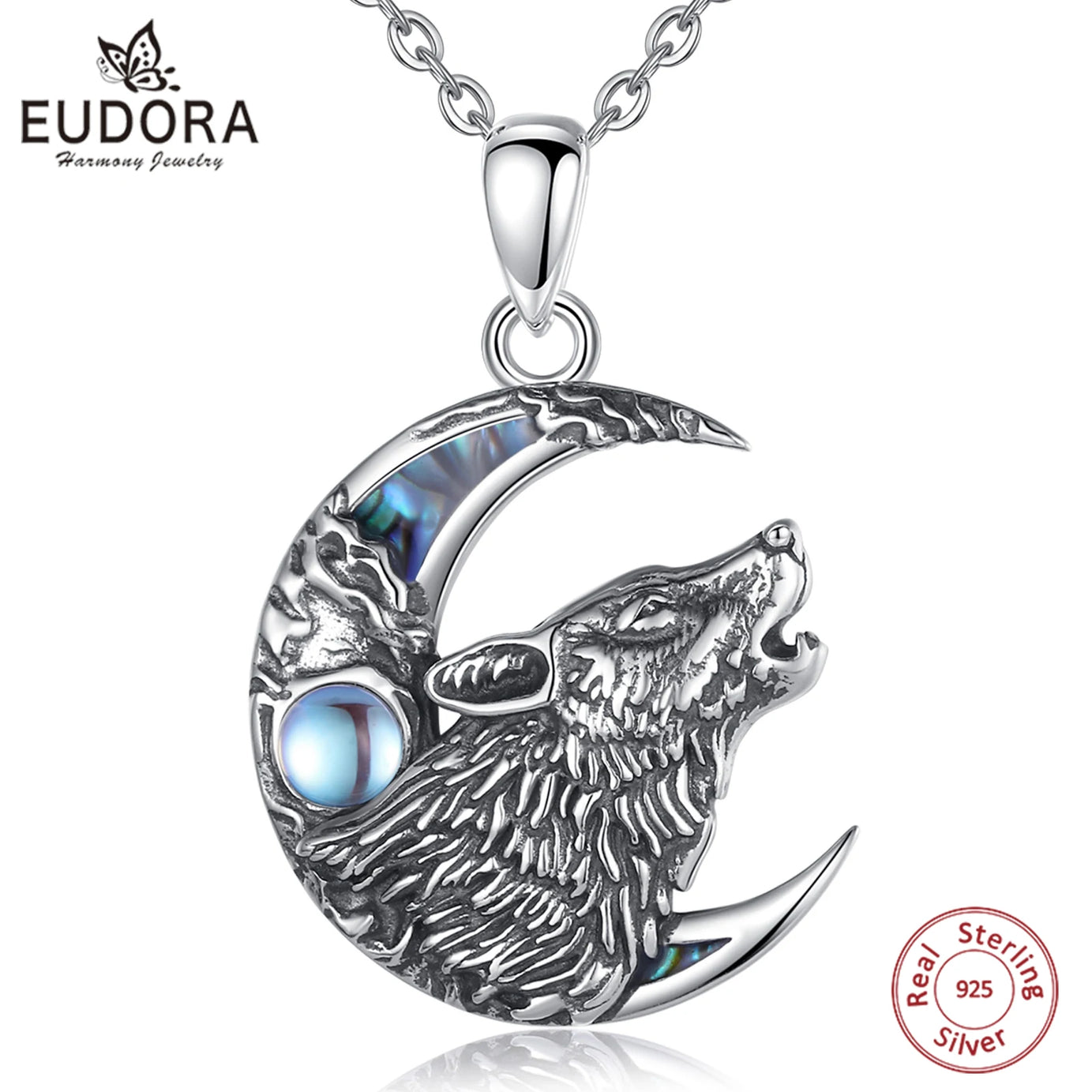 Wolf on the Moon Necklace with Moonstone, S925 Sterling Silver
