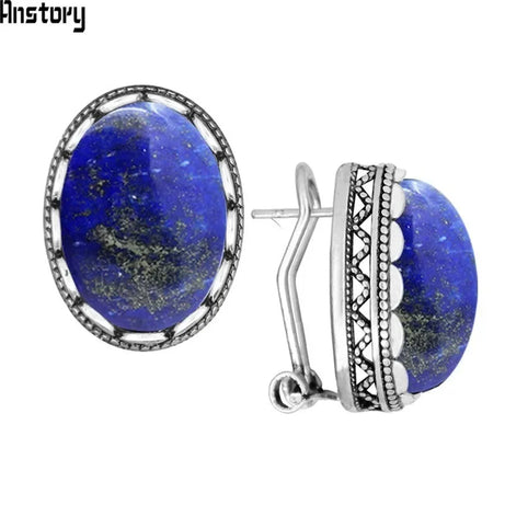 Oval Natural Lapis Lazuli Tiger Eye Pink Quartz Jades Blue Sequins Earrings Antique Sliver Plated  Fashion Jewelry For Women - Charlie Dolly