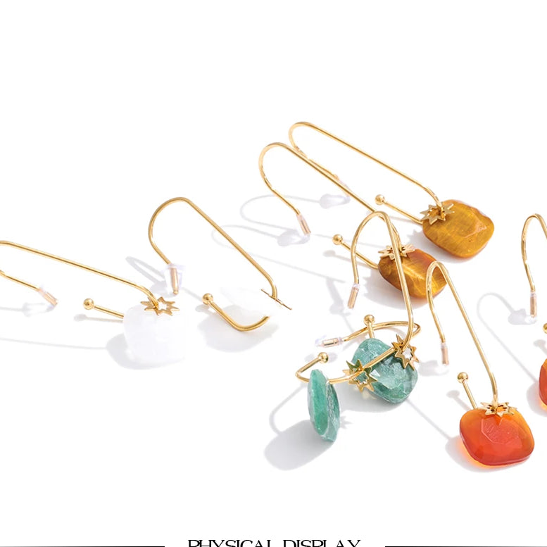 Natural Stone Square Drop Earrings, Tiger Eye Agate 14K Gold Waterproof Stainless Steel Jewelry
