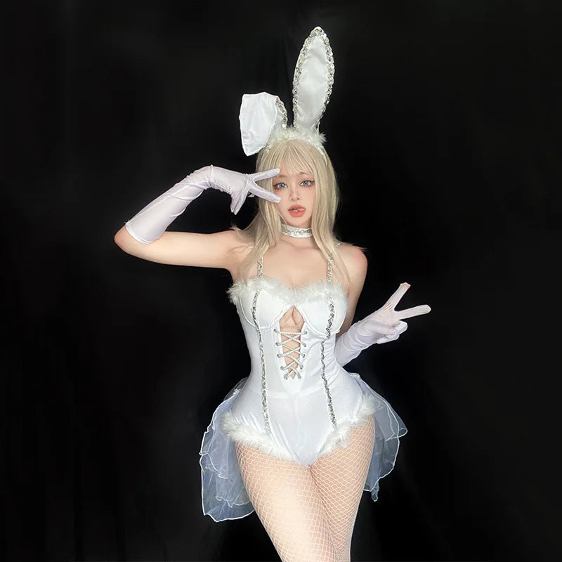 Sexy Rabbit Costume Cosplay White Bunny Girl Suspender Bodysuit Women Jumpsuit Set Halloween Stage Show Carnival Club Clothes - Charlie Dolly
