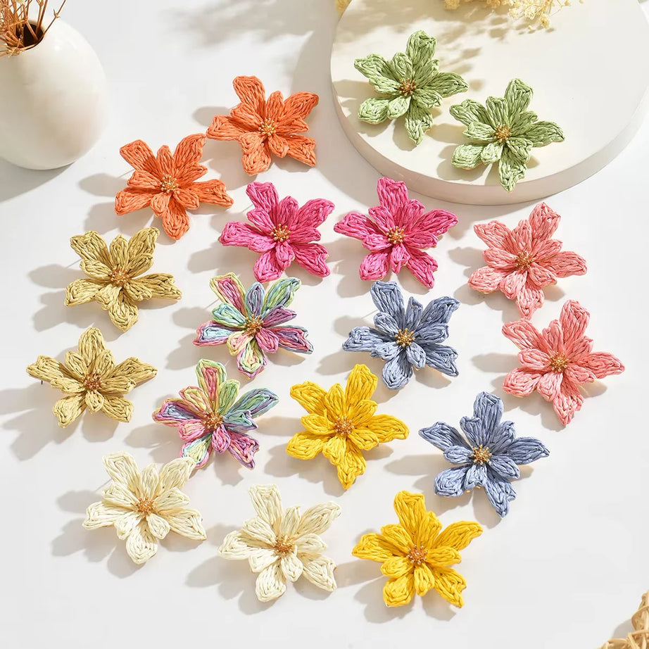 Raffia Woven Flower Boho Earrings Jewelry