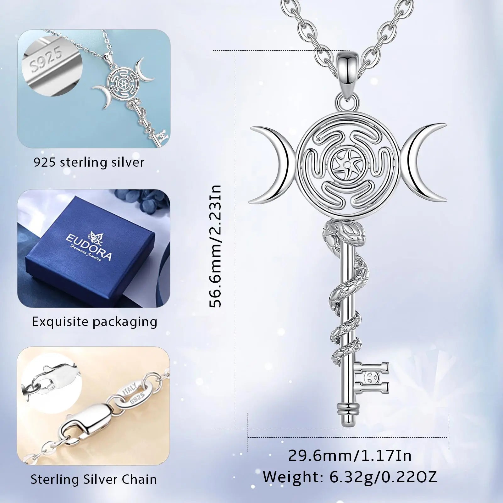 Eudora 925 Sterling Silver Hekate Wheel Necklace for Women Snake Key Triple Moon Goddess Pendant Witch Jewelry Personality Gift