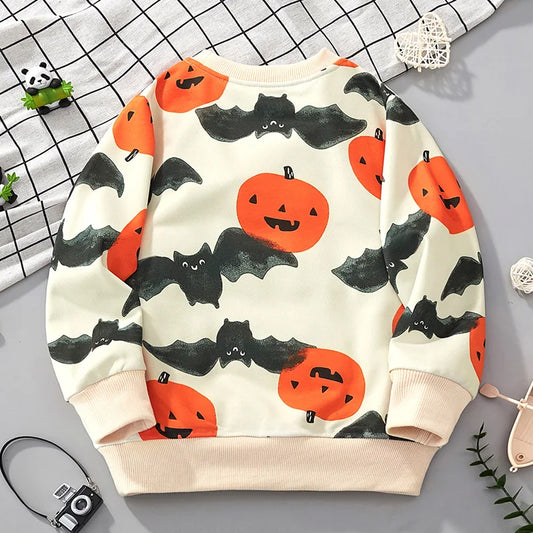 Boy Halloween Sweater Child Cartoon Jack O'lantern And Bat Print Tops Kids Autumn And Winter Celebration Party Play Hoodies