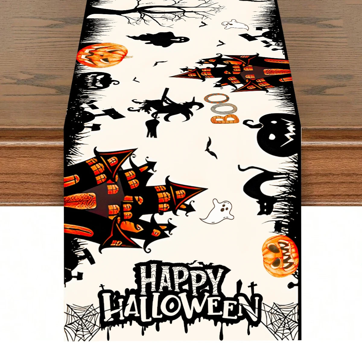 Halloween Table Runner Happy Halloween Party Decorations For Home 2024 Ghost Pumpkin Witch Bat Kitchen Dining Table Runner - Charlie Dolly