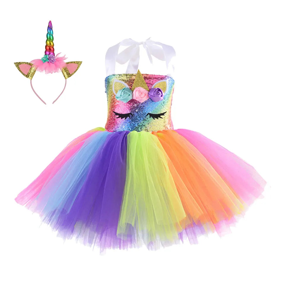 Princess Girls Unicorn Tutu Dress Outfits Pastel Flower Baby Girl Birthday Party Dresses Tulle Kids Halloween Cosplay Costumes - Charlie Dolly