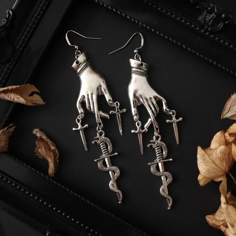 Gothic Hand Sword Snake Dangle Earrings, Snake Sword Dangle Earrings, Gothic, Vikings, Witchy, Medieval, Viking, Boho