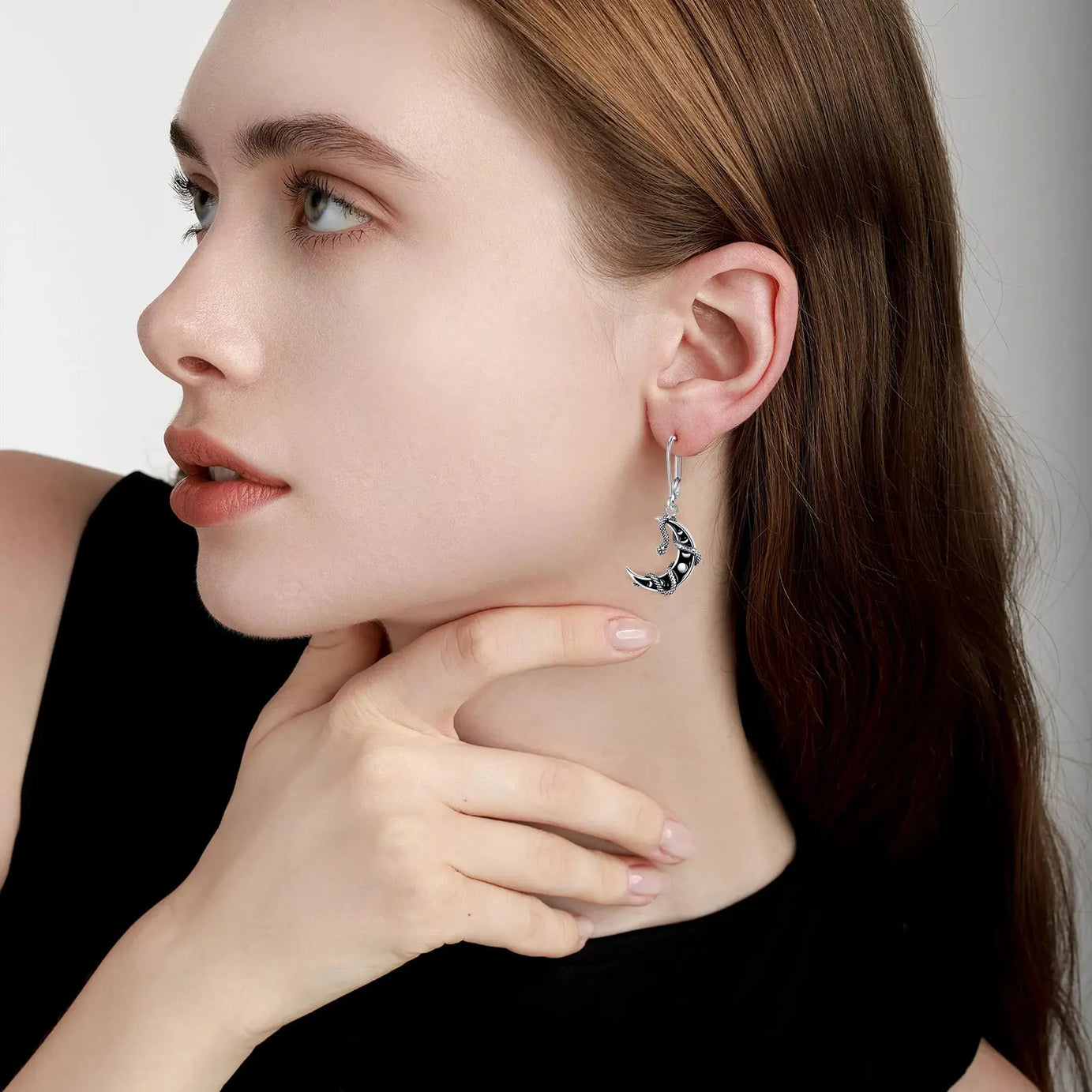 S925 Sterling Silver Moon Phase Snake Drop Earrings, Gothic Black Enamel Celestial Talisman