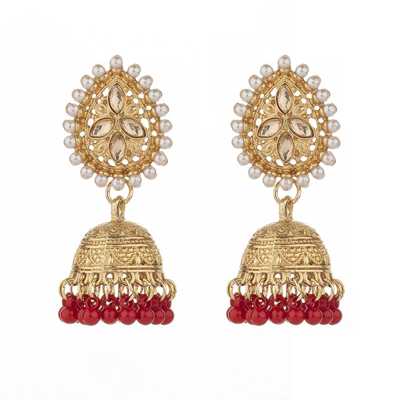 Vintage Waterdrop Design Inlaid Pearl Rhinestone Indian Earrings for Women Ethnic Boho Carved Small Bell Earrings Jhumka Jewelry