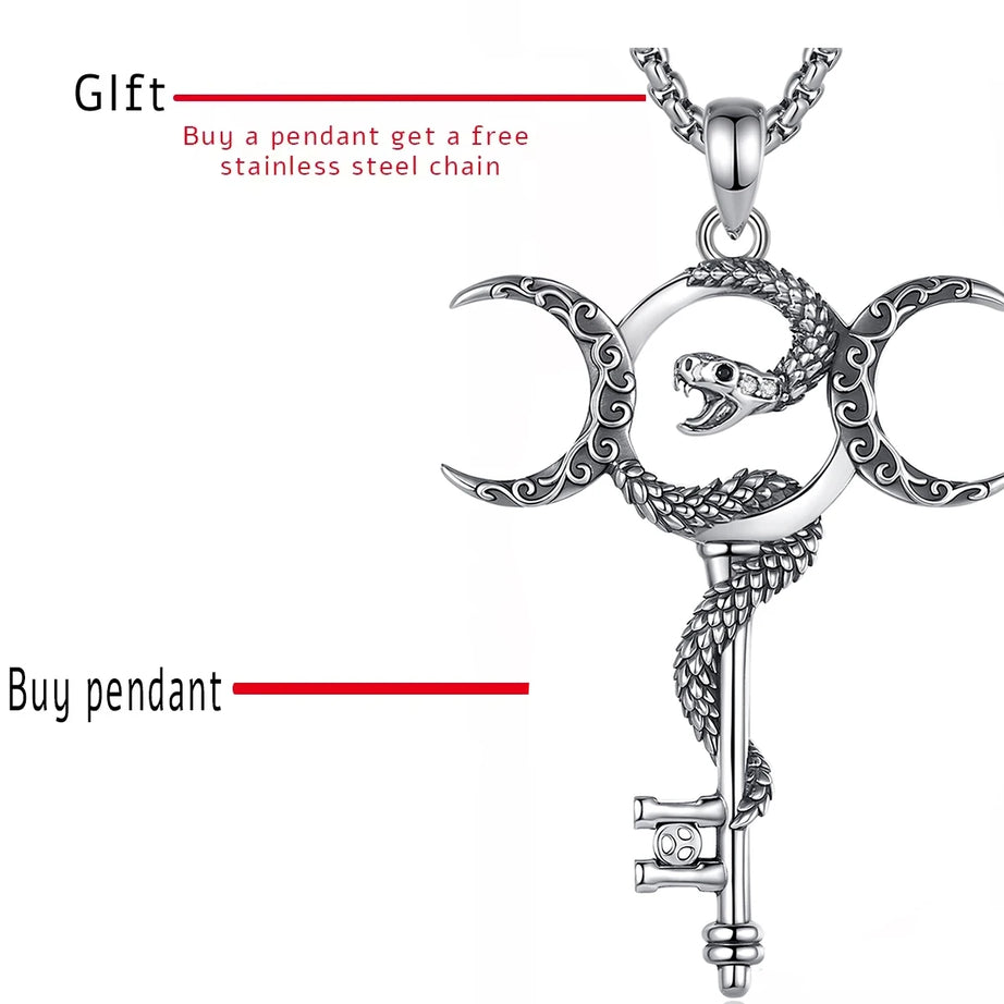 S925 Sterling Silver Hecate Triple Moon Goddess Pendant Necklace, Snake & Key Pagan Wicca Amulet