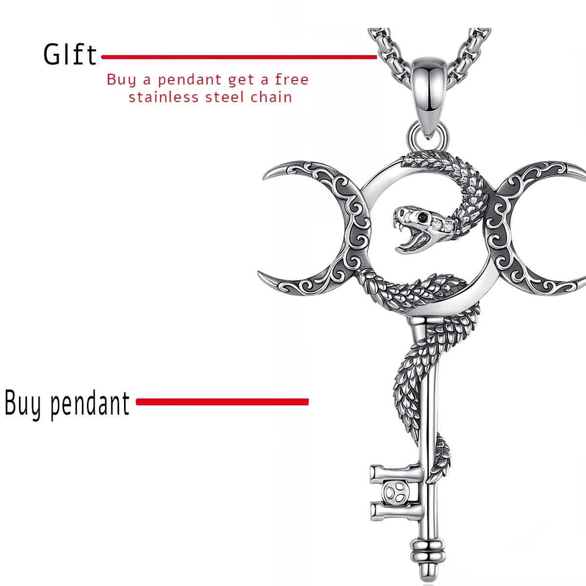 Eudora 925 Sterling Silver Hecate Triple Moon Goddess Necklace Snake Key Amulet Pendant Pagan Wicca Jewelry Gift for Women Men
