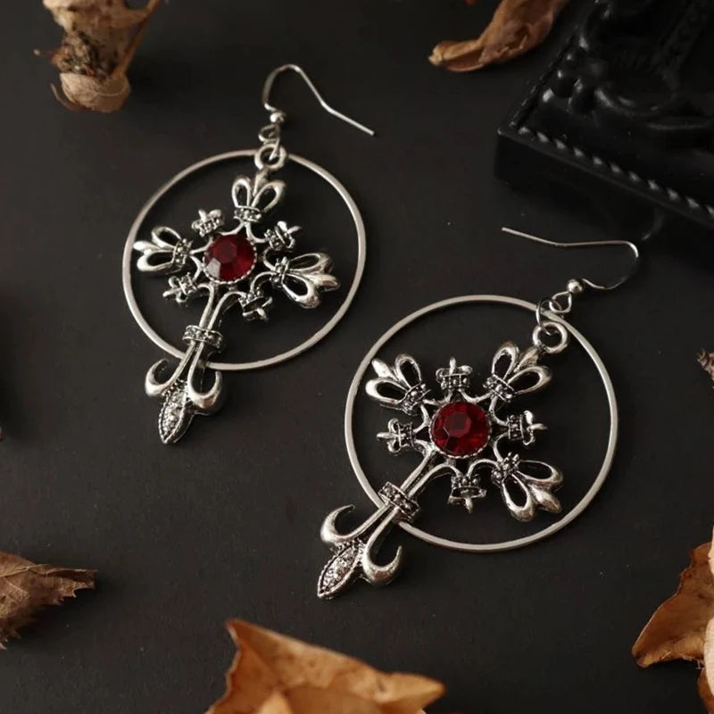 Cross Crystal Big Hoop Earrings, Gothic Cross Hoop Earrings, Unique, Gothic, Vikings, Witchy, Tarot, Viking, Boho, Witchy