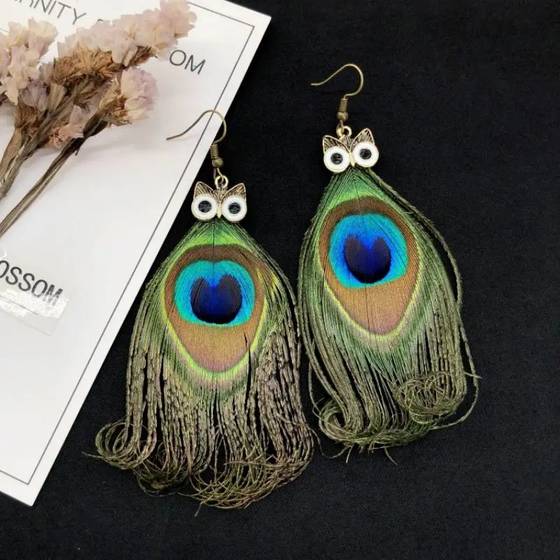 Exaggerate Feather Long Earrings Fashion Imitation Peacock Feather Earrings Boho Style Feather Earrings Custom Jewelry Wholesale
