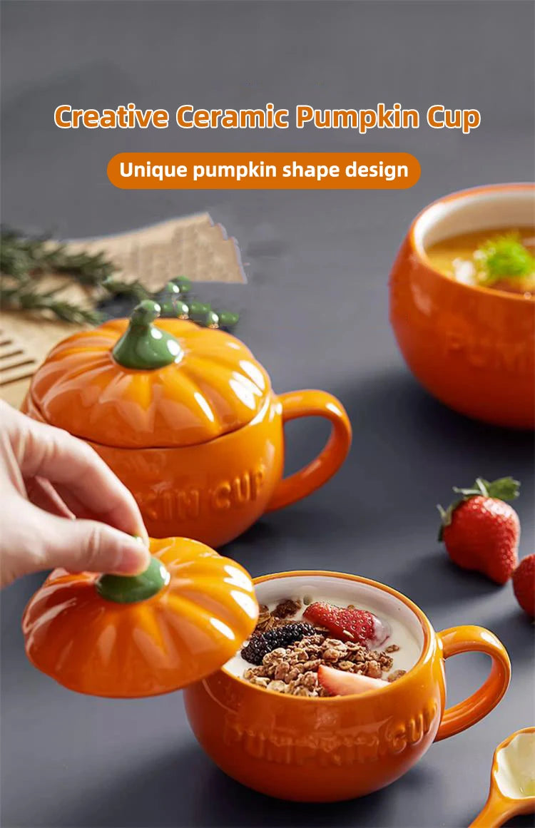 300/450ML Halloween Pumpkin Shaped Ceramic Cup With Spoon Kawaii Soup Mug With Lid  Oatmeal Cup Creative Water Cup - Charlie Dolly