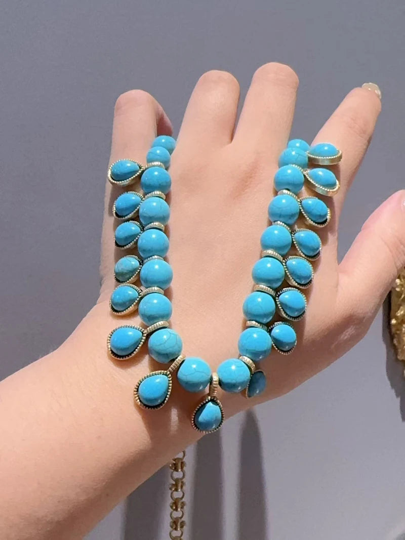 Bohemia Blue Natural Stone Water Drop Beads Chain Choker Necklace Vintage Jewelry for Woman Retro New in Boho Luxury Accessories