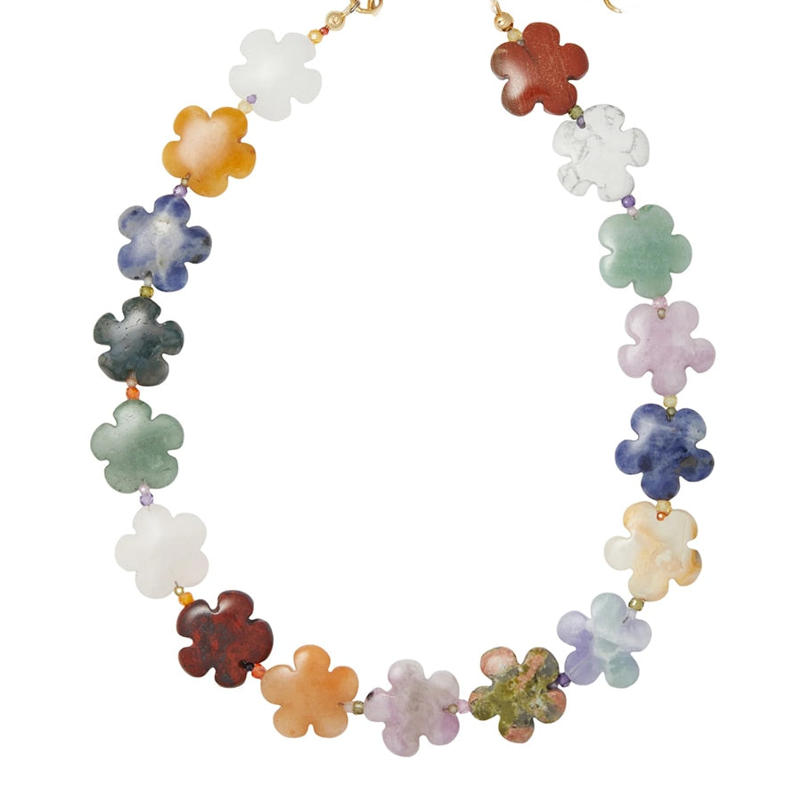 Boho semi-precious gemstone flower beads and mini faceted rondelle zircon crystal beads Scallop Conch shells Necklace - Charlie Dolly