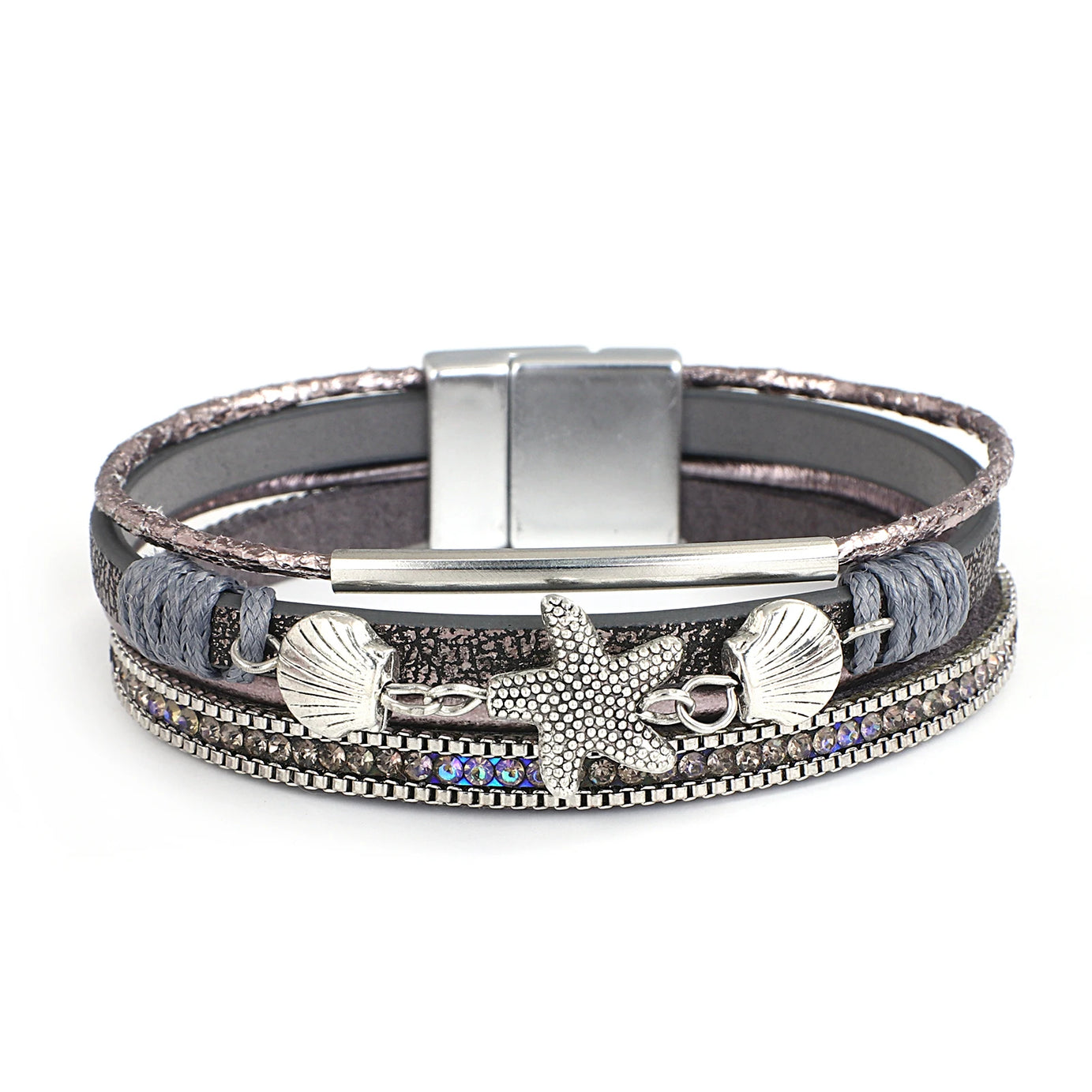 Starfish Shell and Crystal Bead Leather Boho Bracelet