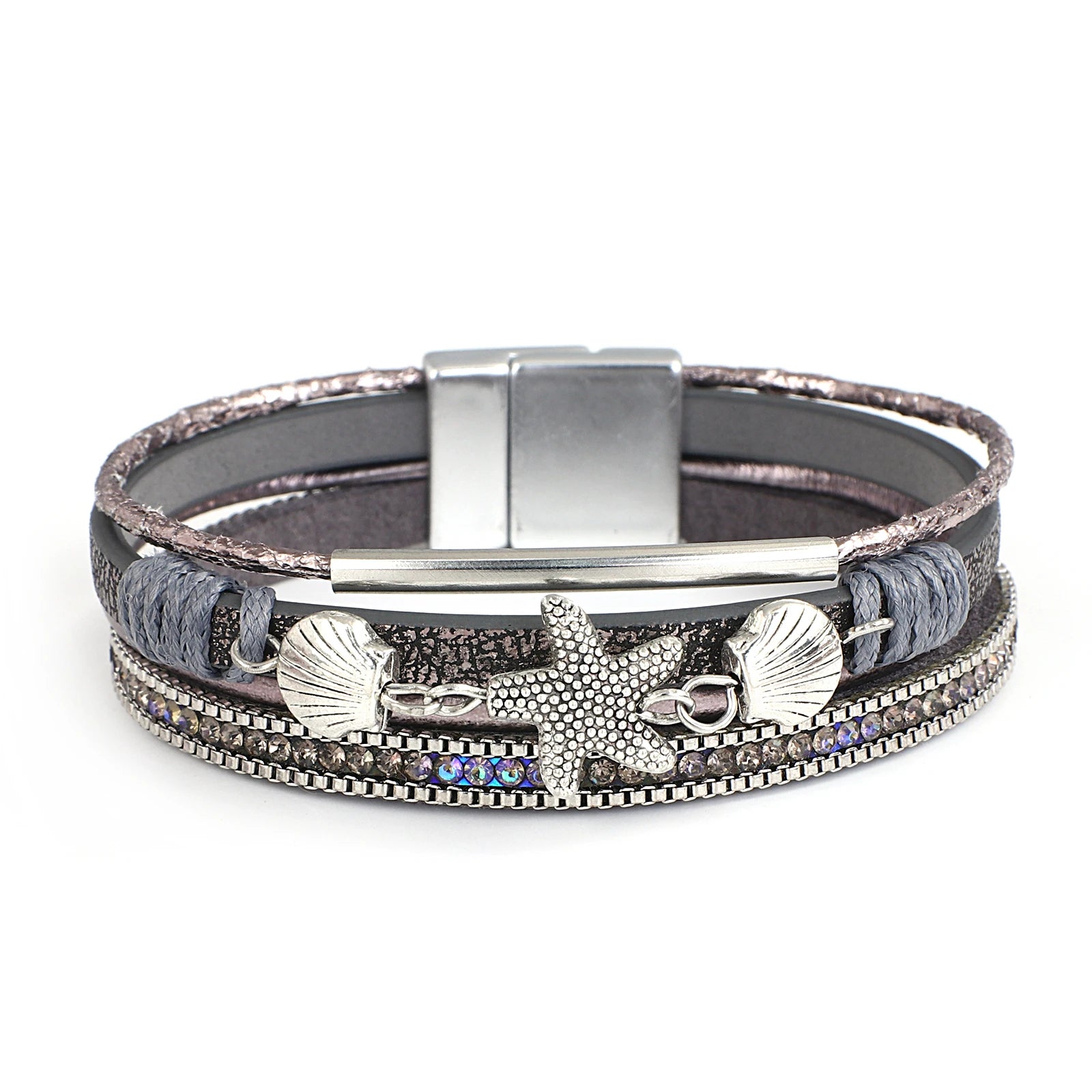 ALLYES Charm Starfish Shell Leather Bracelet for Women Men Boho Metal Tube Crystal Beads Chain Bracelets & Bangles Beach Jewelry