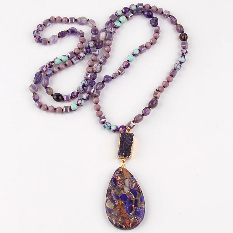 RH Fashion Bohemian Jewelry Natural Random Shape Stones With Druzy Links Semi Precious Pendant Necklaces For Women Boho Gift