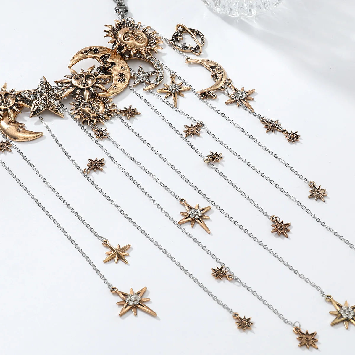 Exaggerated Multi-layered Tassel Pendant Necklace with Moon, Star, Sun, and Full Diamond Design for Women in Boho Style