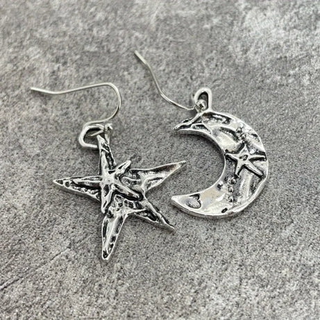 Silver Moon Star Celestial Dangle Earrings Jewelry