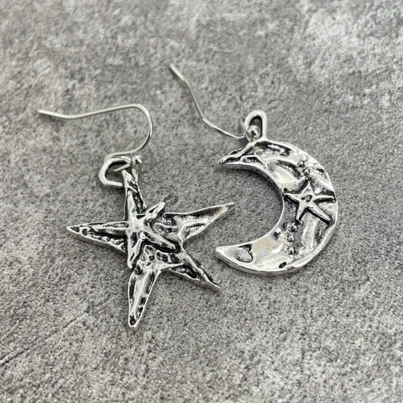 Retro Boho Moon And Star Silvery Dangle Earrings For Women Unique Daily Party Jewelry Birthday Anniversary Mother's Day Gift