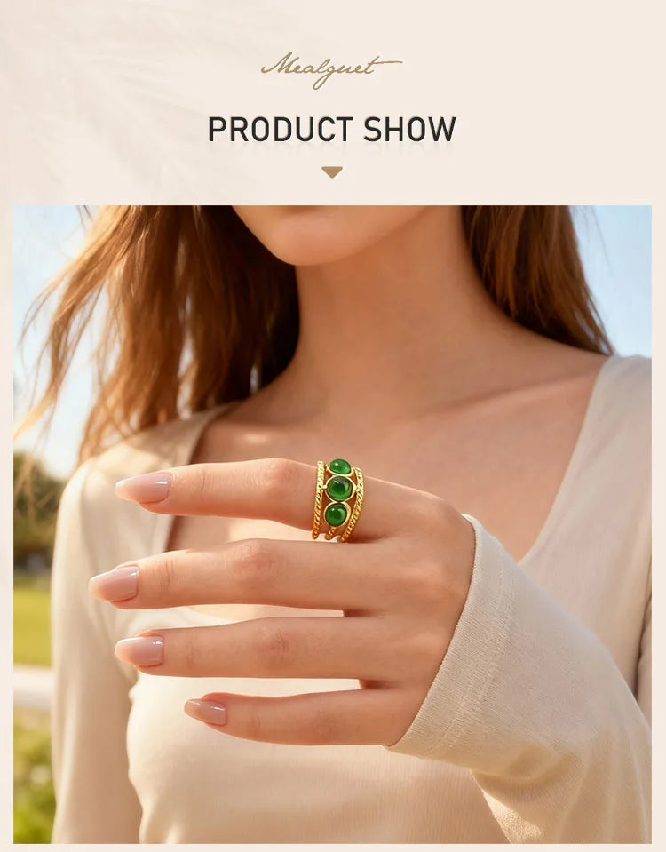 Luxury Bohemian Turquoise Ring for Women, Fashion Stainless Steel Nature Stone Open Adjustable Rings Boho Jewelry