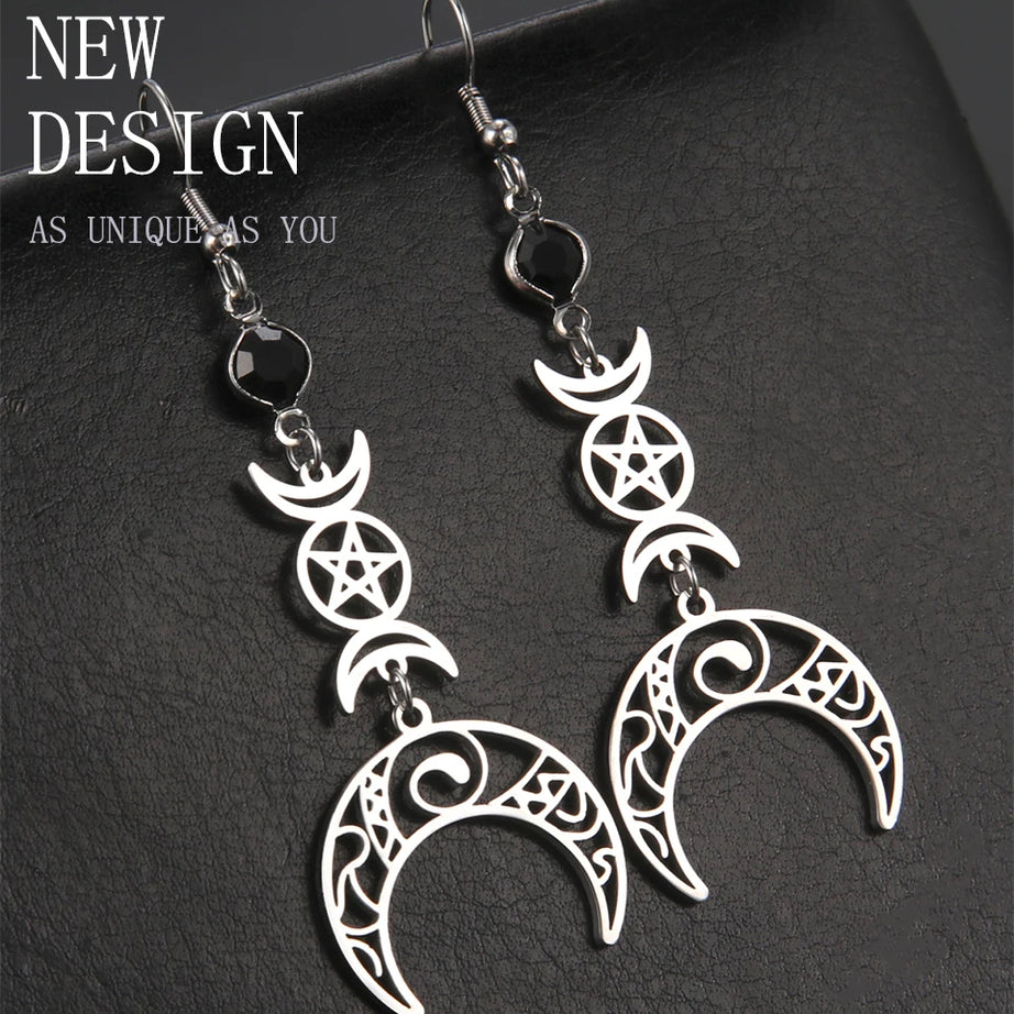 Triple Moon, Rune & Pentagram Hoop Earrings, Stainless Steel Witchy Amulet