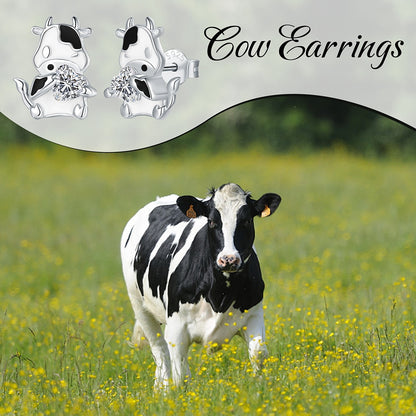 925 Sterling Silver Cute Animal Cow Stud Earrings With Heart Zircon Brithday Valentine&#39;s Day Jewelry Gifts For Women Teen Girls