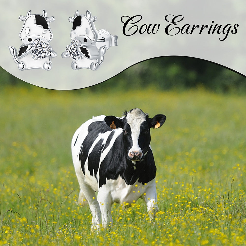 925 Sterling Silver Cute Animal Cow Stud Earrings With Heart Zircon Brithday Valentine's Day Jewelry Gifts For Women Teen Girls - Charlie Dolly