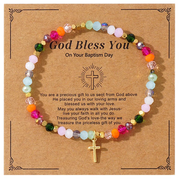 Cross Square Crystal Beads Bracelet for Women Boho Natural Stone Stretch Beach Jewelry Multi-Color Religious Baptism Jewelry
