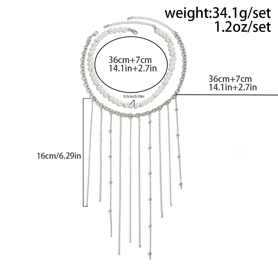 Round Bead Pearl Tassel Multilayer Necklace Jewelry