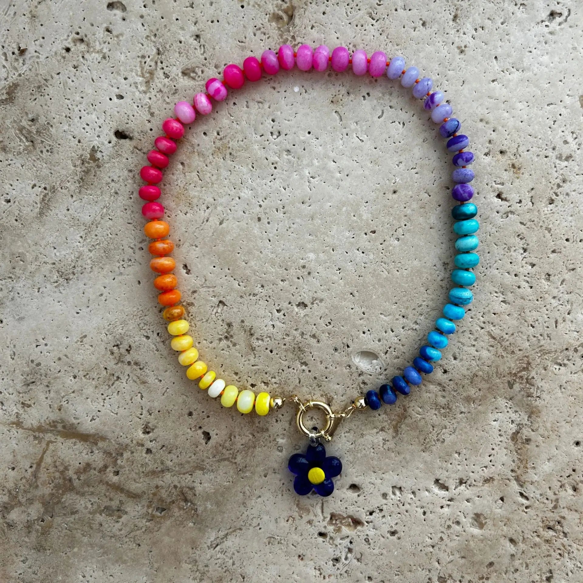 Women Chunky Gemstone Rainbow Boho Bead Choker Natural Stone Surfer Beach Necklaces 14K Gold Plated Summer Handmade Jewelry
