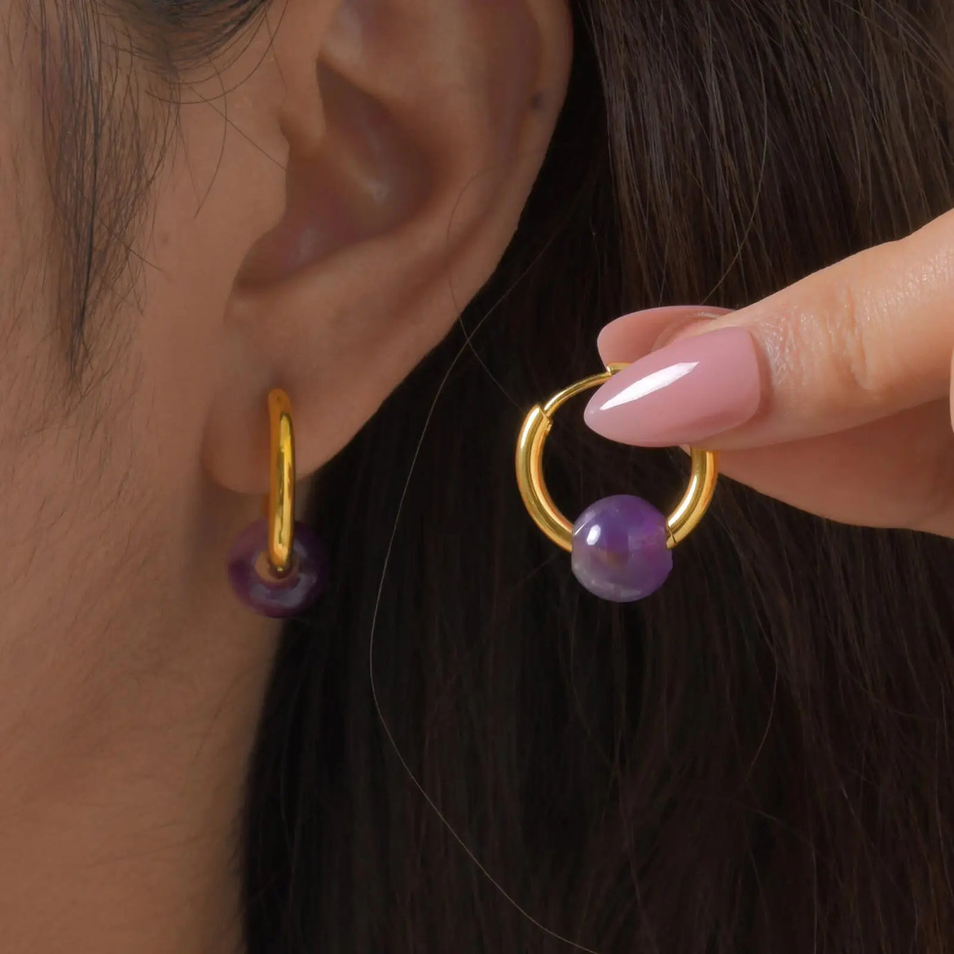 Natural Amethyst Beaded Hoop Earrings, Gold-Plated Stainless Steel Waterproof Jewelry